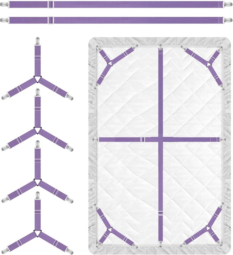 Eiruseed Bed Sheet Holder Straps, 4+2 Pcs Adjustable Mattress Sheet Clips, Bed Sheet Fasteners Elastic Sheet Suspenders to Keep Bed Sheet in Place for Different Beds (Purple) - Image 1